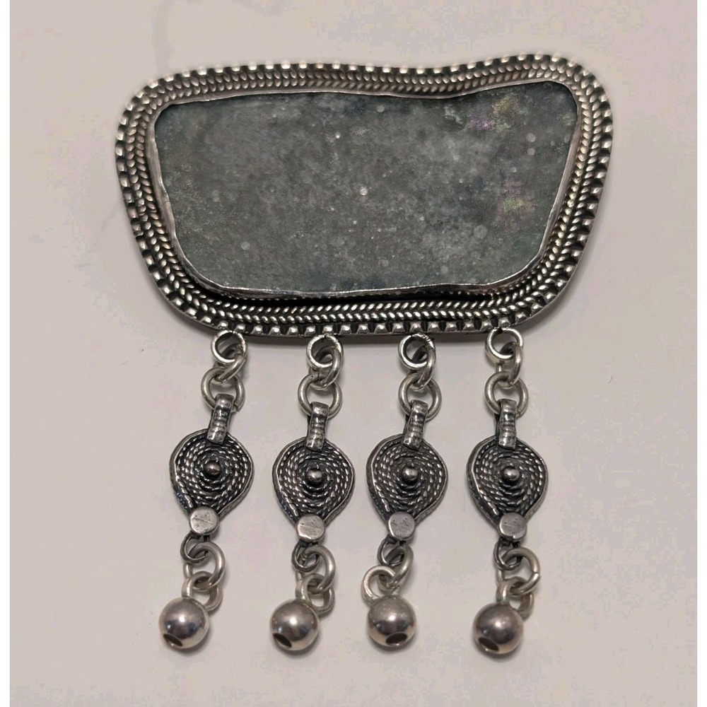 Vtg Israeli Sterling Silver‎ 925 Brooch Pin Eliat stone Or Roman Glass Yemenite